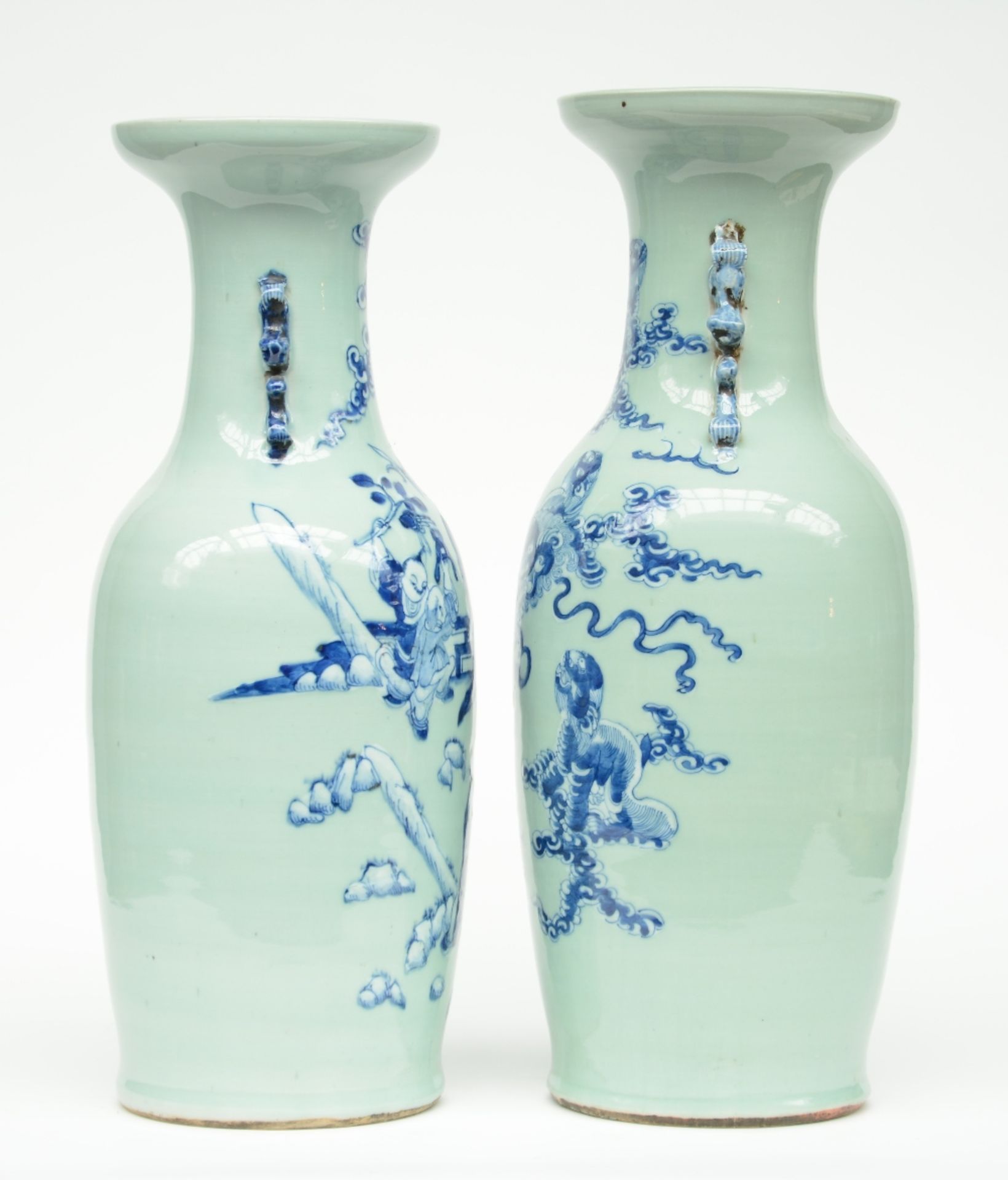 Two Chinese celadon ground blue and white vases, one decorated with children and one with Fu - Image 2 of 6