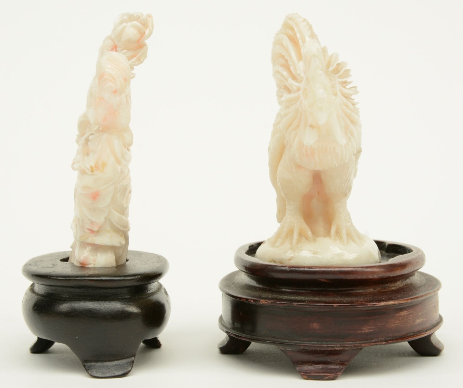 Two first half 20thC Chinese white coral sculptures depicting a cock and two beauties with a - Image 4 of 4