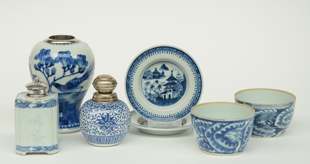 Two Chinese blue and white vases and a tea caddy, floral decorated, with silver mounts, 18th - - Image 2 of 16