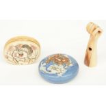 Two Japanese Manju-netsuke, one in ivory and one is porcelain; added a Meiji period ivory netsuke, H