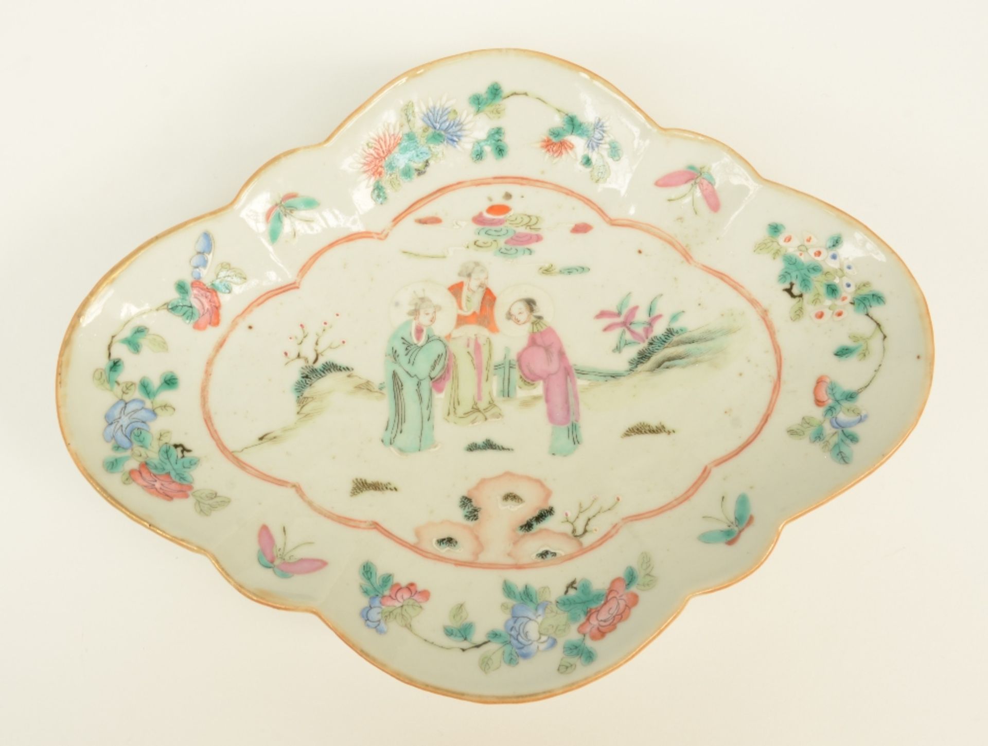 A Chinese bowl, plate and two dishes, famille rose and polychrome decorated, some marked, 19th- - Image 4 of 9