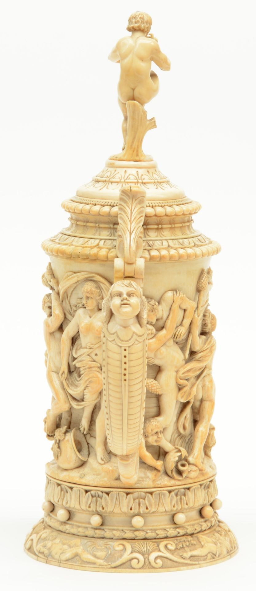 A rare German ivory Humpen, alto relievo sculpted with Bacchus on a chariot preceded by a drunken - Image 4 of 14