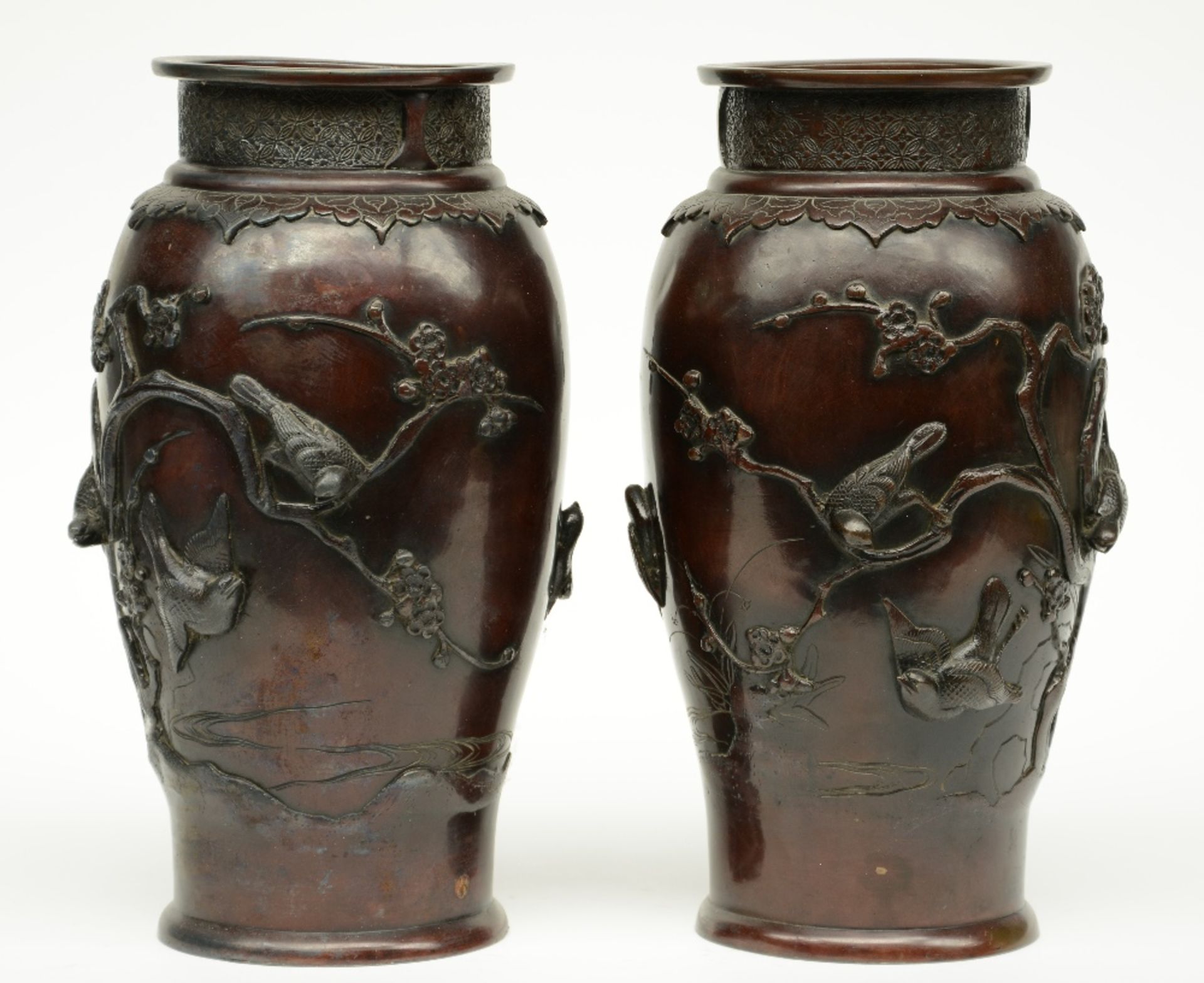 Two pair of Chinese bronze vases, relief moulded with birds on flower branches, marked, H 26 - 36 - Image 5 of 15