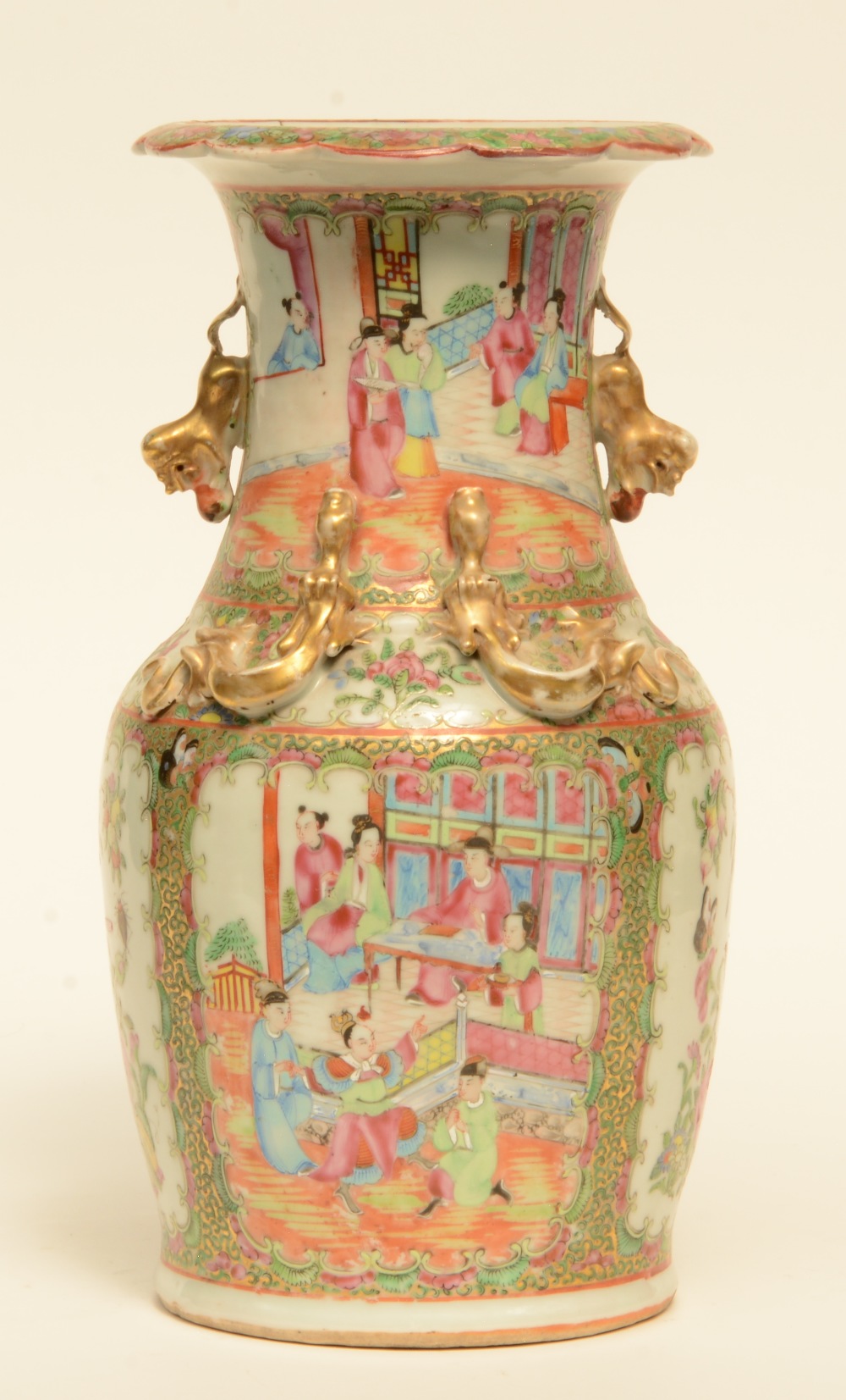 A Chinese Canton vase and plate, famille rose decorated with court scenes and birds on flower - Image 4 of 11