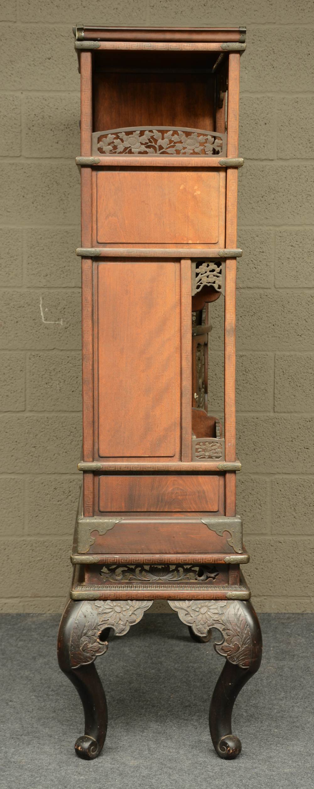 A Japanese wooden display cabinet, carved with birds, flowerbranches and a landscape, ca. 1900, H - Image 5 of 8