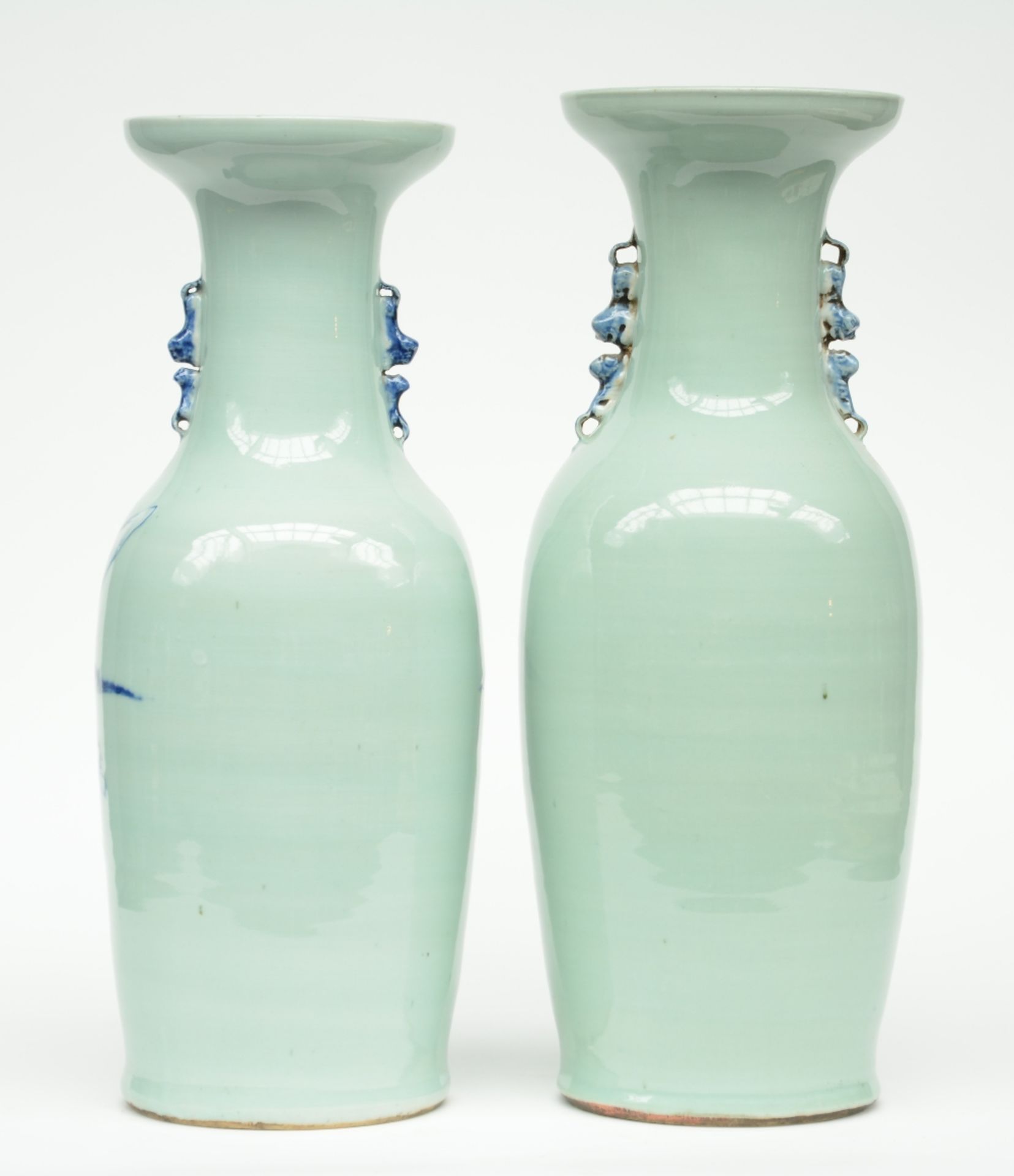 Two Chinese celadon ground blue and white vases, one decorated with children and one with Fu - Image 3 of 6