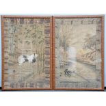 Two Japanese embroidered tapestries, one depicting cranes in a river landscape and one depicting