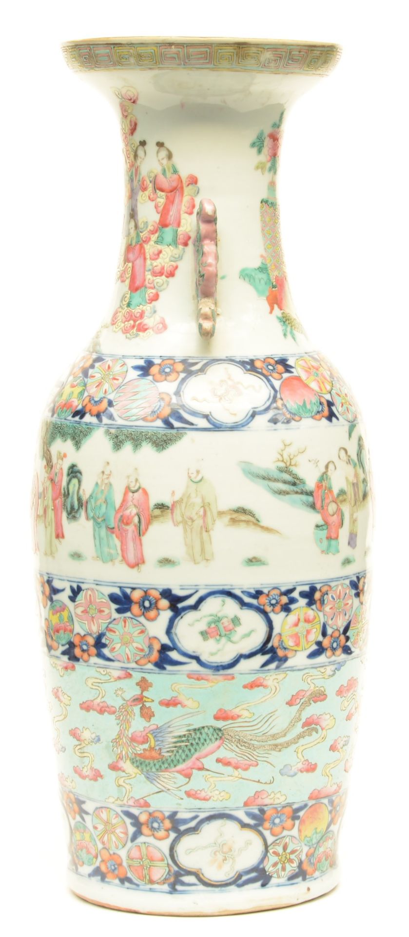 A Chinese polychrome vase, decorated with several animated scenes, dragons and other symbols, 19thC, - Bild 2 aus 6