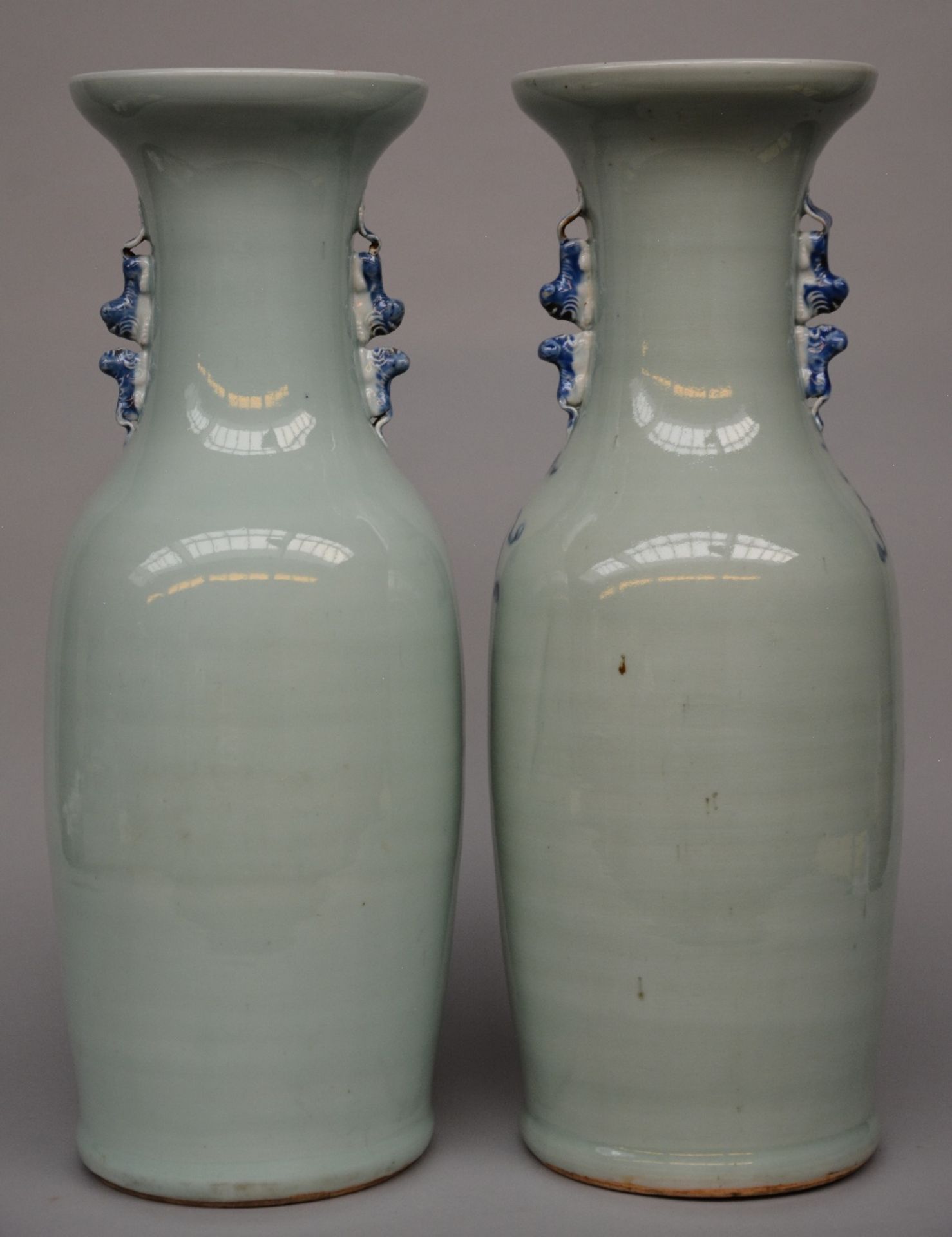 Two Chinese celadon-ground blue and white vases decorated with symbols, H 59,5 - 60 cm (chips on the - Bild 3 aus 6