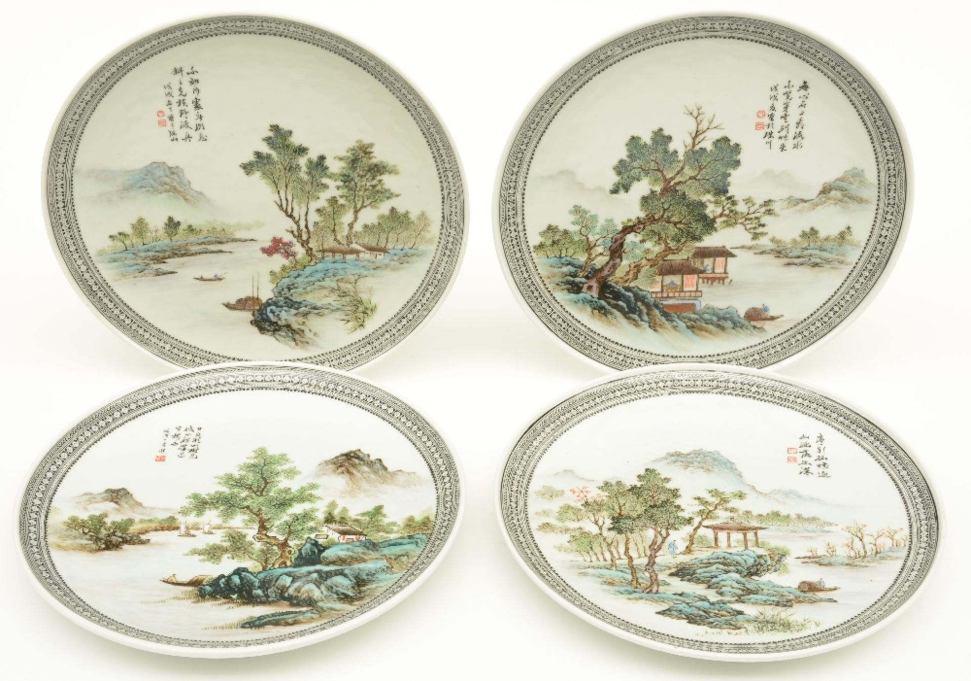 Four Chinese polychrome plates, decorated various river landscapes, marked and signed, Diameter 26,5