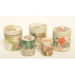 Five Chinese polychrome decorated pots with cover depicting figures, flowers and birds, ca. 1900,