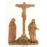 An 18thC oak Low Countries three part Golgotha group, H 58 - W 41,5 cm (restored cross)