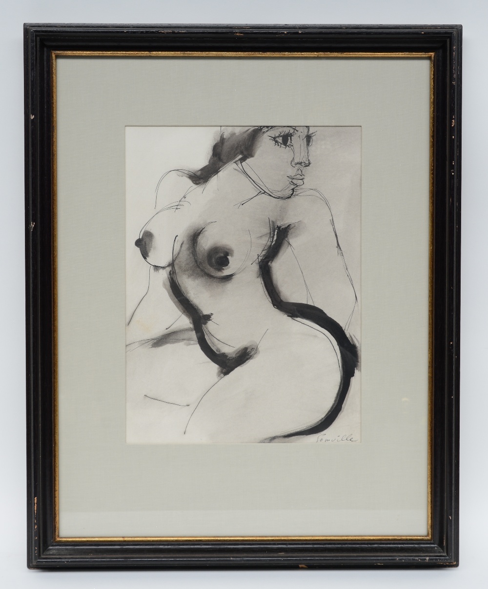 Somville R., a female nude an a womans portrait, Indian ink and grey wash drawing, one dated 1966, - Image 3 of 9