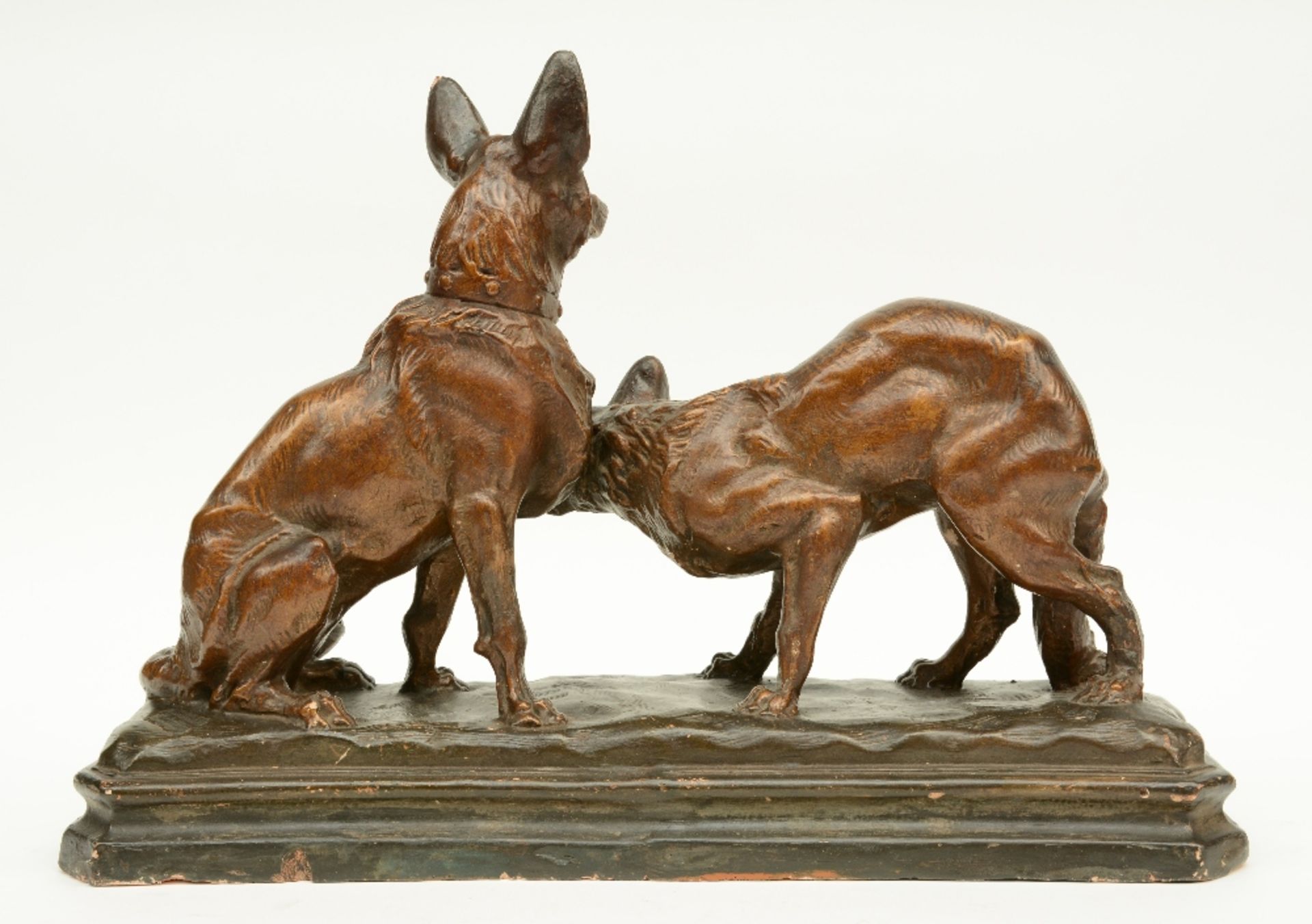 Coutier T., dogs, a bronze patinated terracotta sculpture, 1930s, H 39,5 - W 57 - D 19 cm - Image 3 of 8