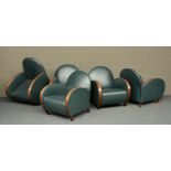 Five armchairs of the Art Deco type with green leather uphostering, H 77 - W 67,5 - D 76 cm