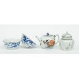 Two Chinese teapots with imari and India ink decoration, 18thC (chips); added two Chinese blue and