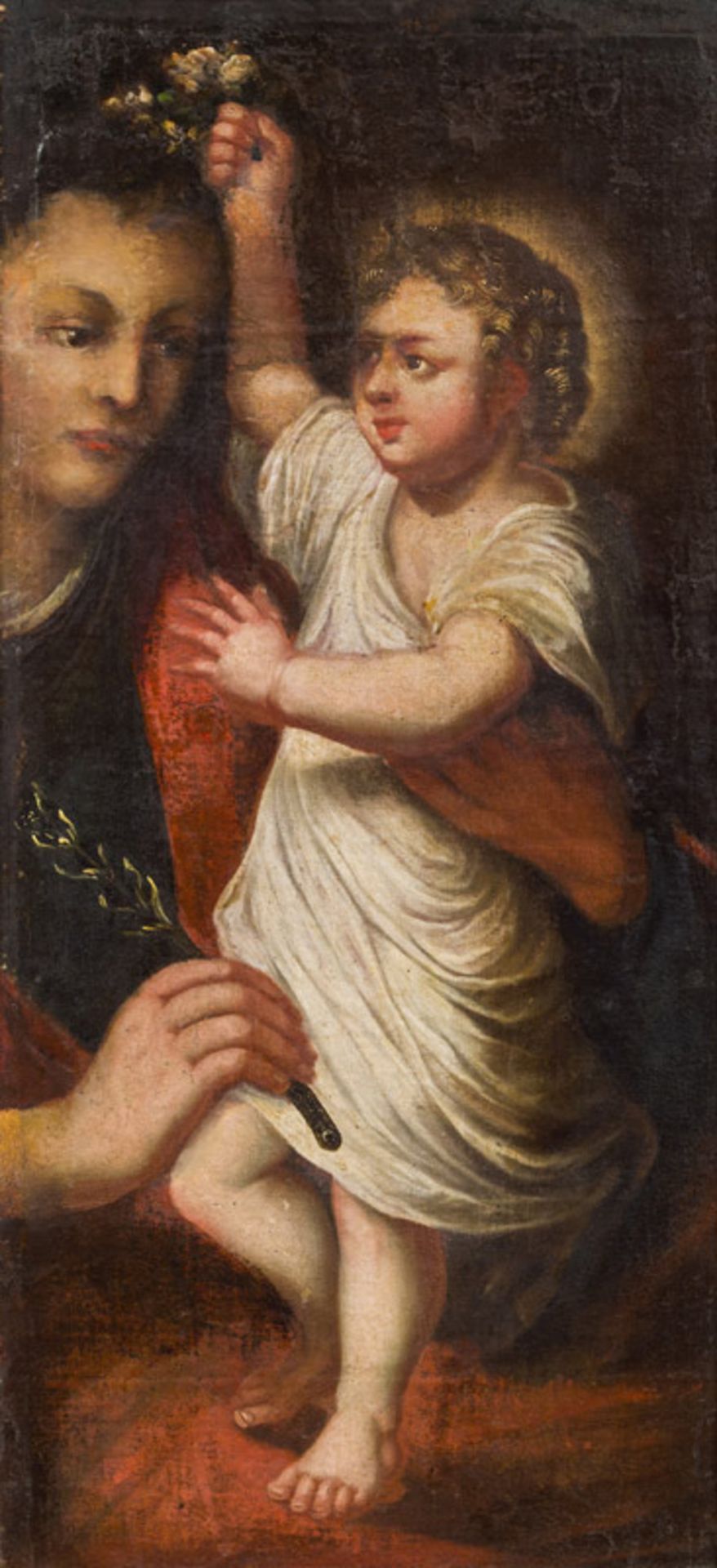 Künstler des 17./18. JahrhundertsMadonna mit Kind Öl auf Leinwand auf Holz, Fragment; 75 × 35,5 cm