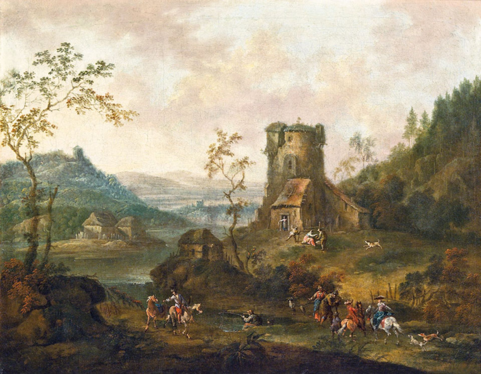 Maximilian Joseph Schinnagl zugeschriebenDorf an einem Fluss Öl auf Leinwand; 36,5 × 46 cm