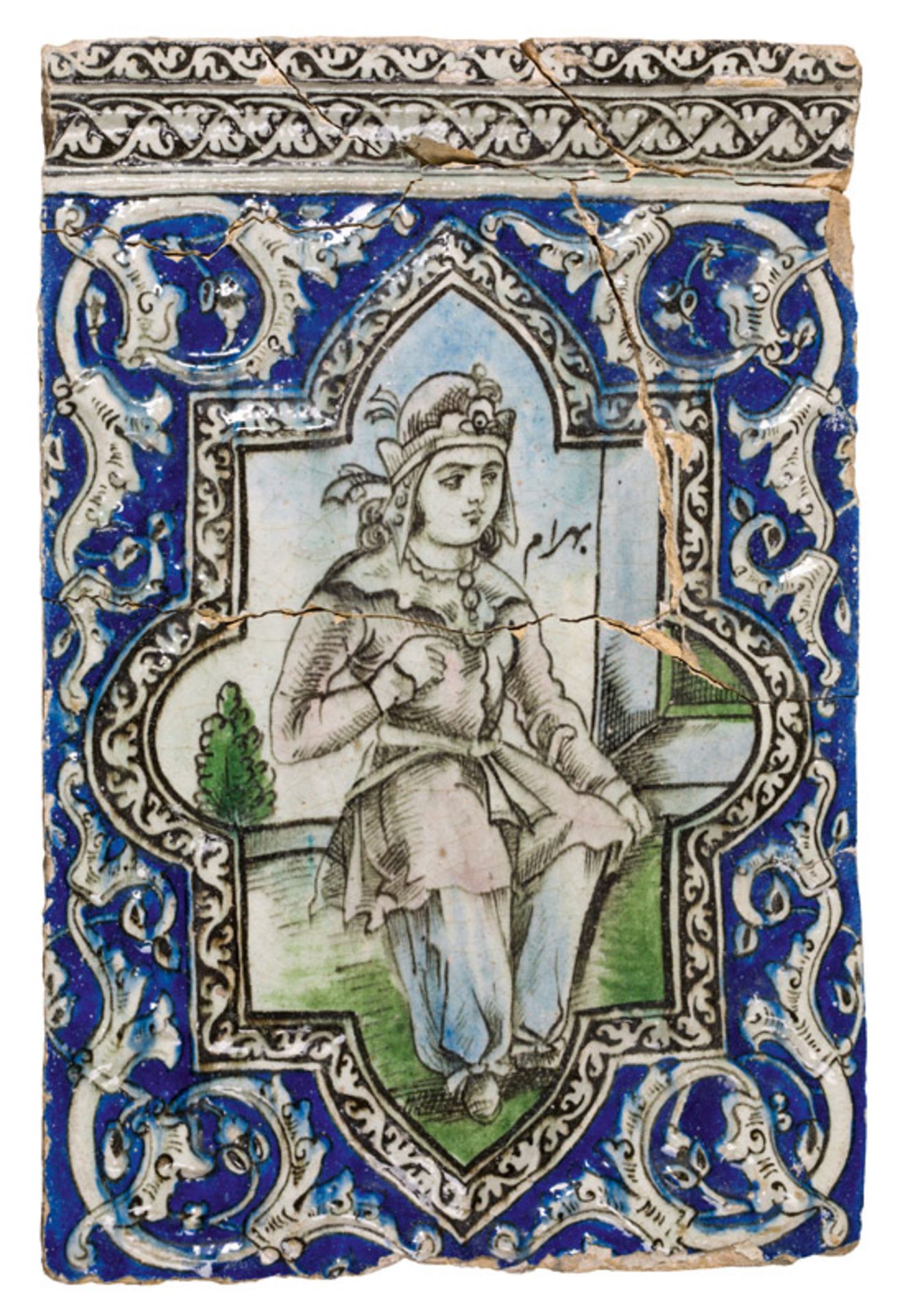 Große Kachel, Iran, wohl 17. Jh. Keramik, heller Scherben, farbig glasiert; frontseitig die als "