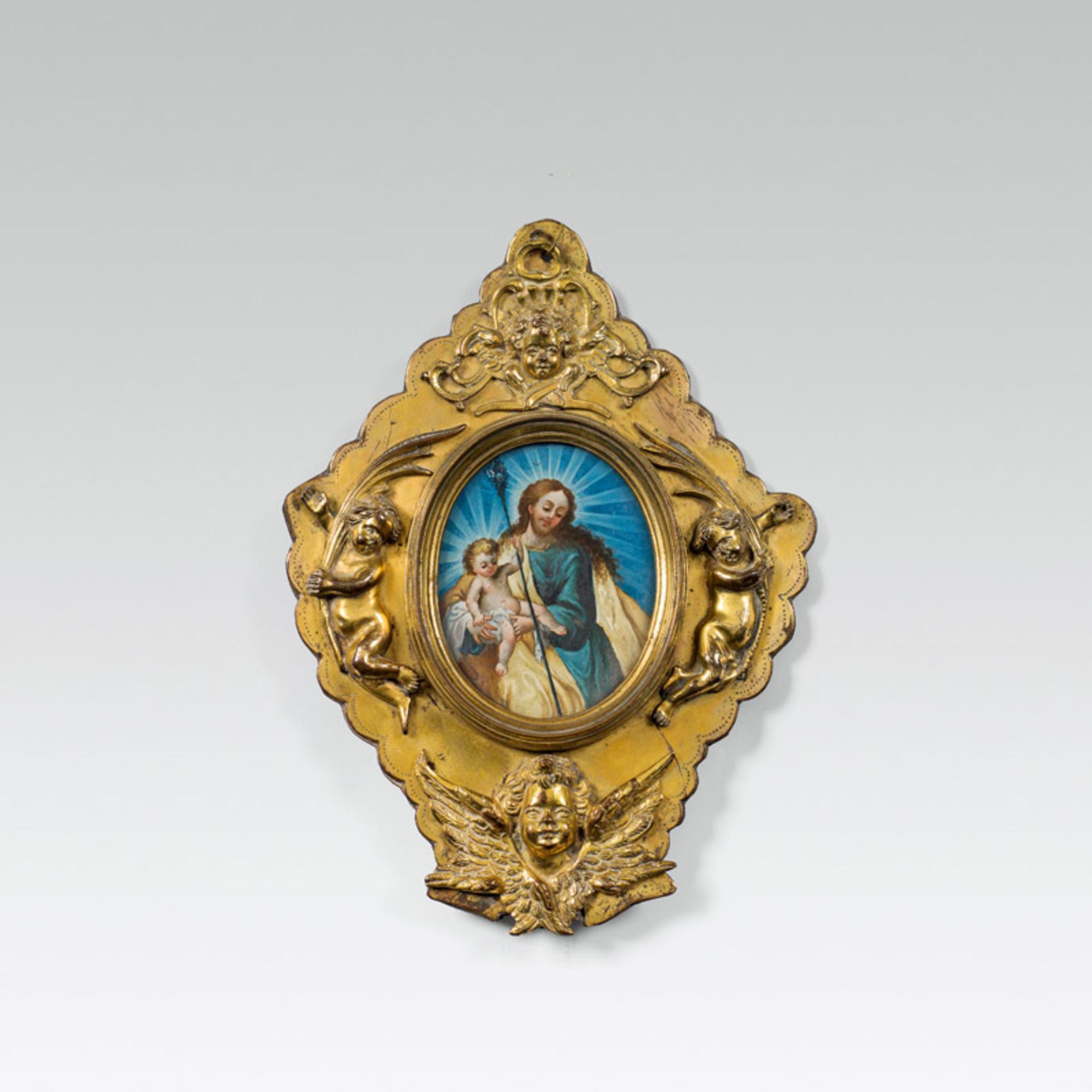 Small reverse glass painting, German, 18th century reverse glass painting; copper, gilded; 22 × 16.2