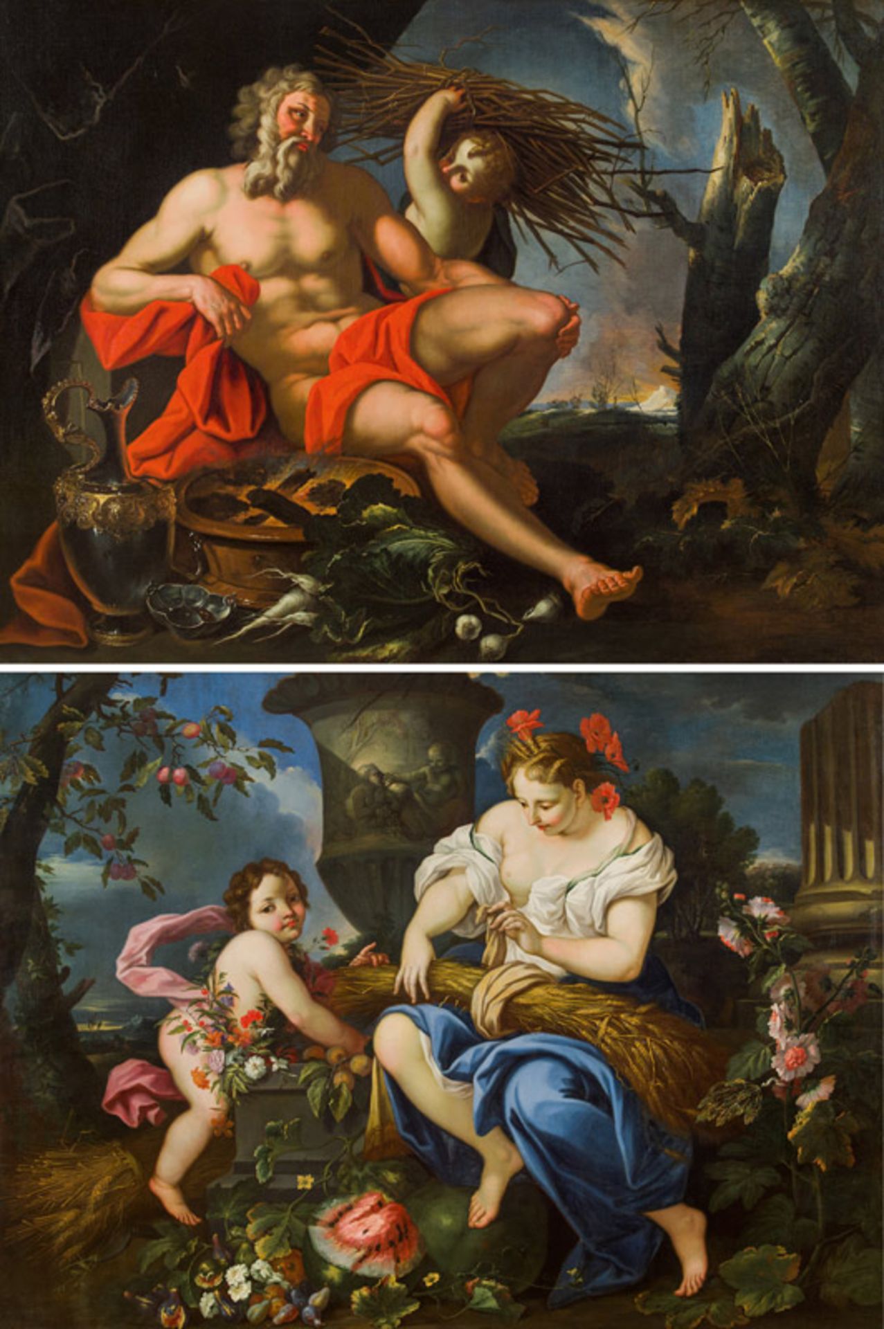 Roman School"Allegory of Summer" and "Allegory of Winter" (a pair), c. 1700 oil on canvas; 173 × 233