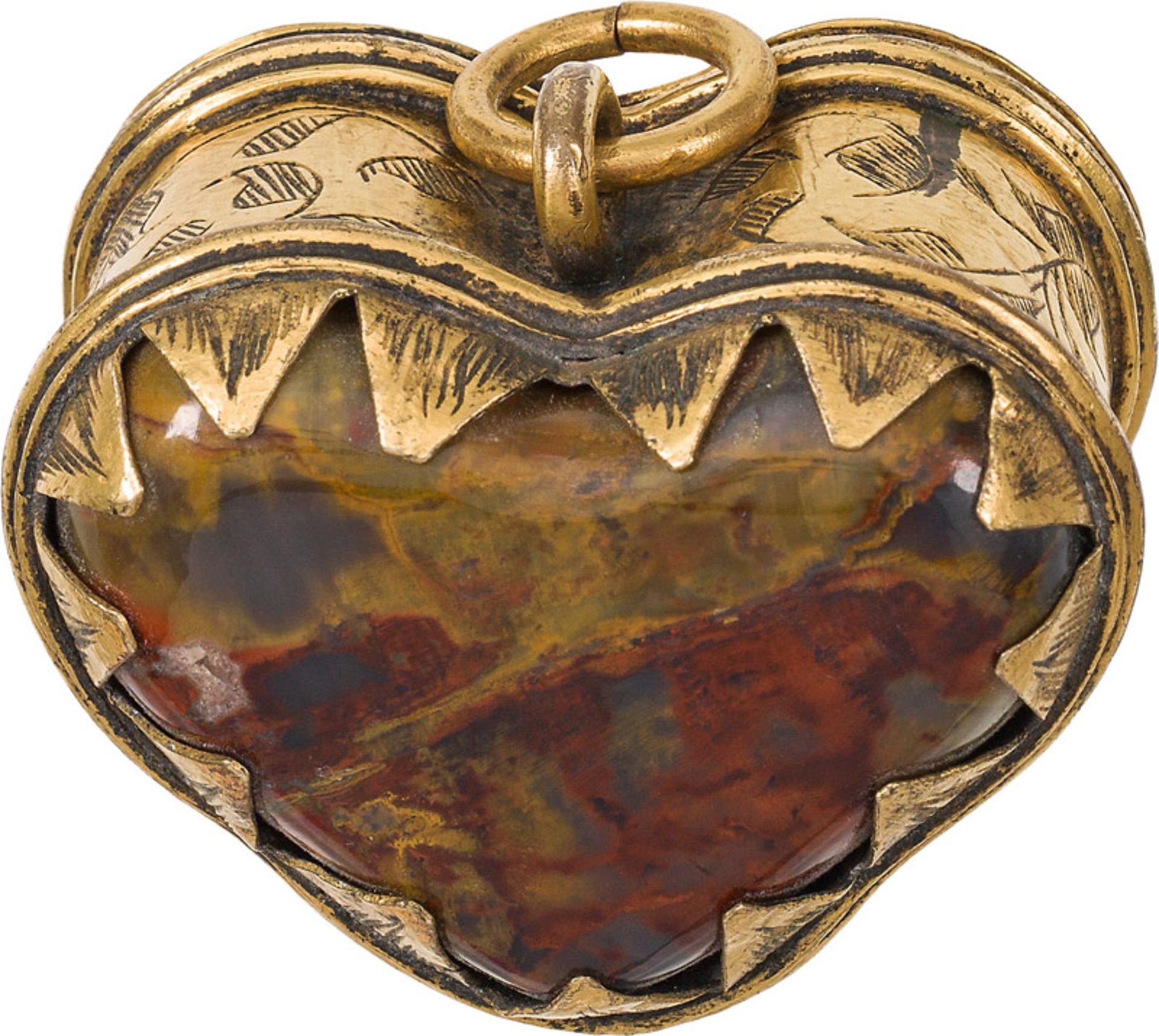 Amulet in form of a heart, South German, 17th century agate, brass, gilded; 4.5 × 5.5 × 3.5