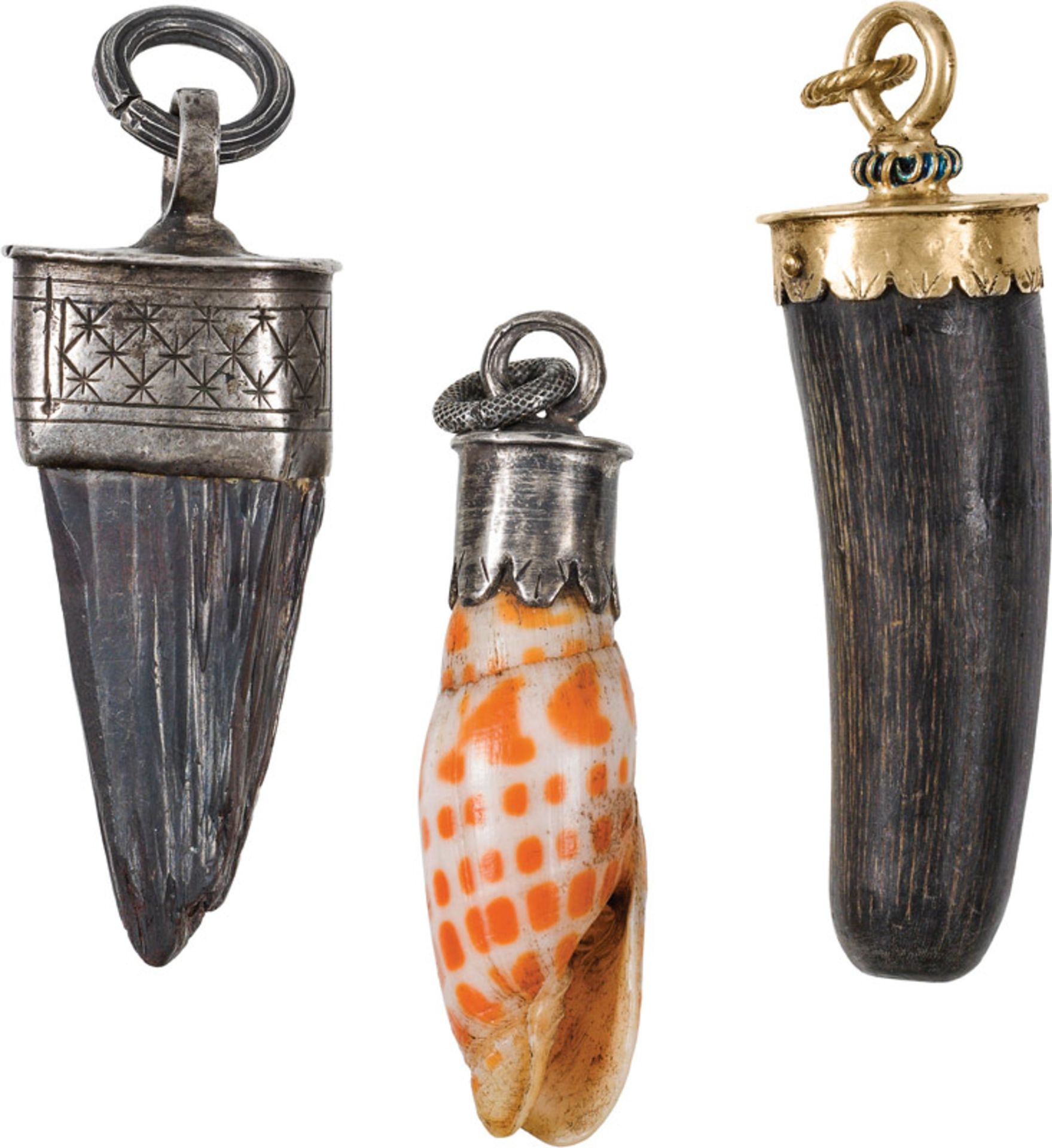 3 amulets, 17th/18th century shell, stone, horn, silver, partly gilded; l. 5.4 to 6.3 cmViennese