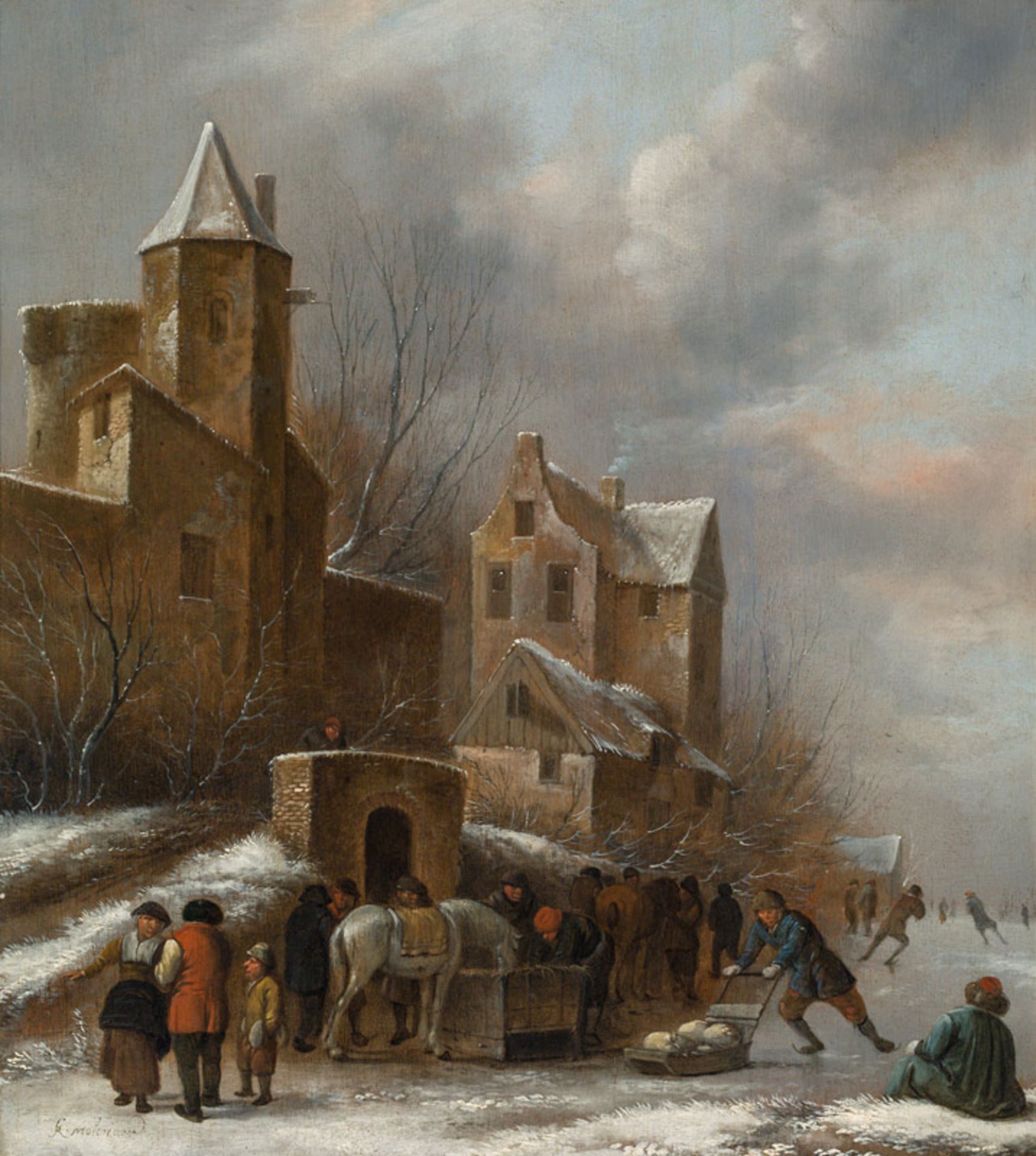 Claes MolenaerIce skaters with a city in the background oil on panel, parqueted; 34 × 30 cmsigned