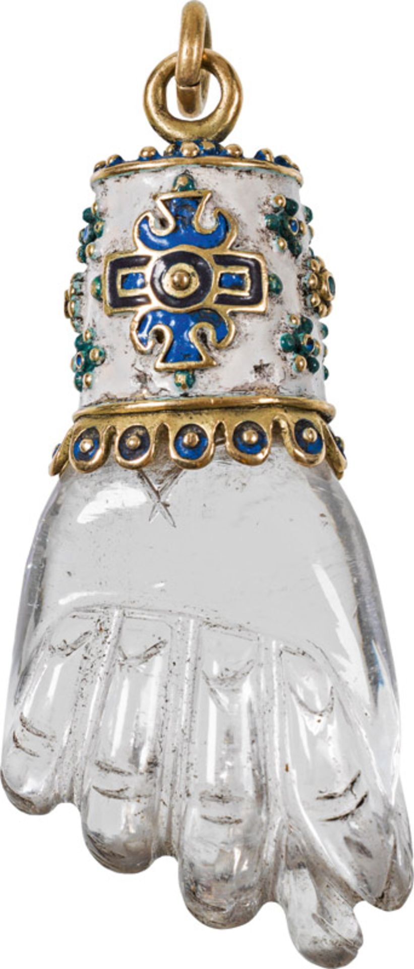 "Neidfeige", South German, 17th/18th century rock crystal, silver, gilded, partly enamelled; l. 7.