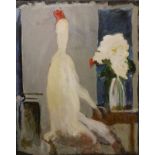 Peter BURGER (1941-1987), "Frau mit Blumen 1962/64", Öl auf Leinwand, 131 cm x 111 cm. Im