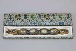 Gliederarmband 900er-Silber, vergoldet, Intarsienarbeit mit verschiedenen Ornamenten, Emaille- und