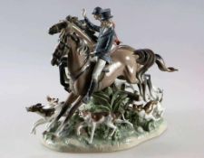 Lladro Porzellan Figurengruppe einer Jagdgesellschaft, bestehend aus 2 Reitern und Hundemeute.