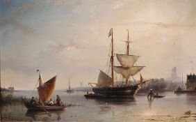 Nicholaas RIEGEN (1827-1889), "Segelschiffe vor holländischer Stadtansicht". Öl auf Leinwand.