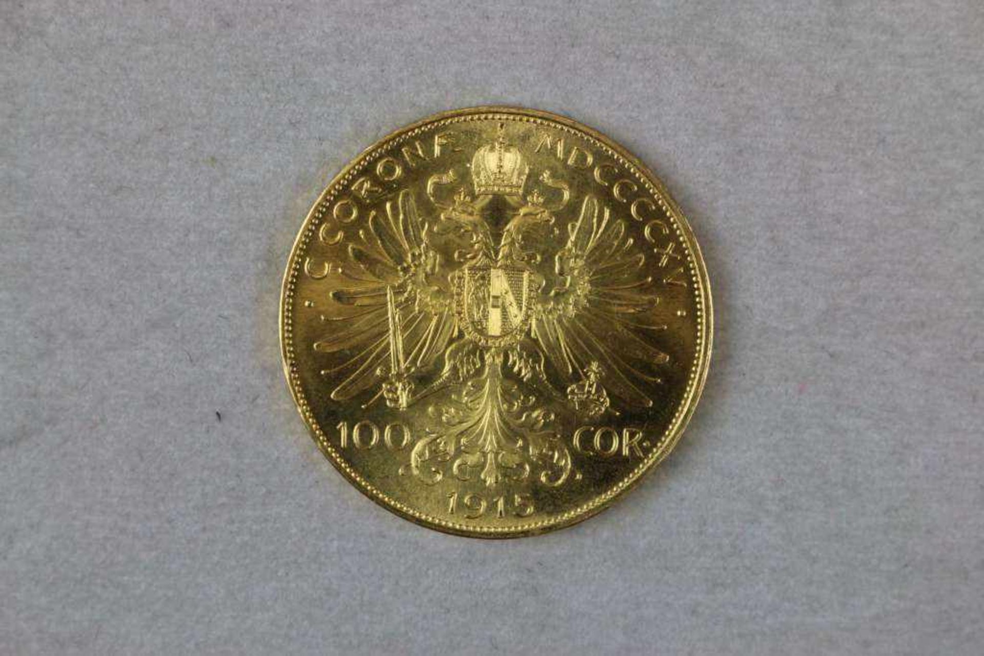 Goldmünze 100 Kronen Österreich Kaiser Franz Joseph 1915, Bruttogewicht: 33,875 g, Feingehalt: 900/ - Bild 2 aus 2