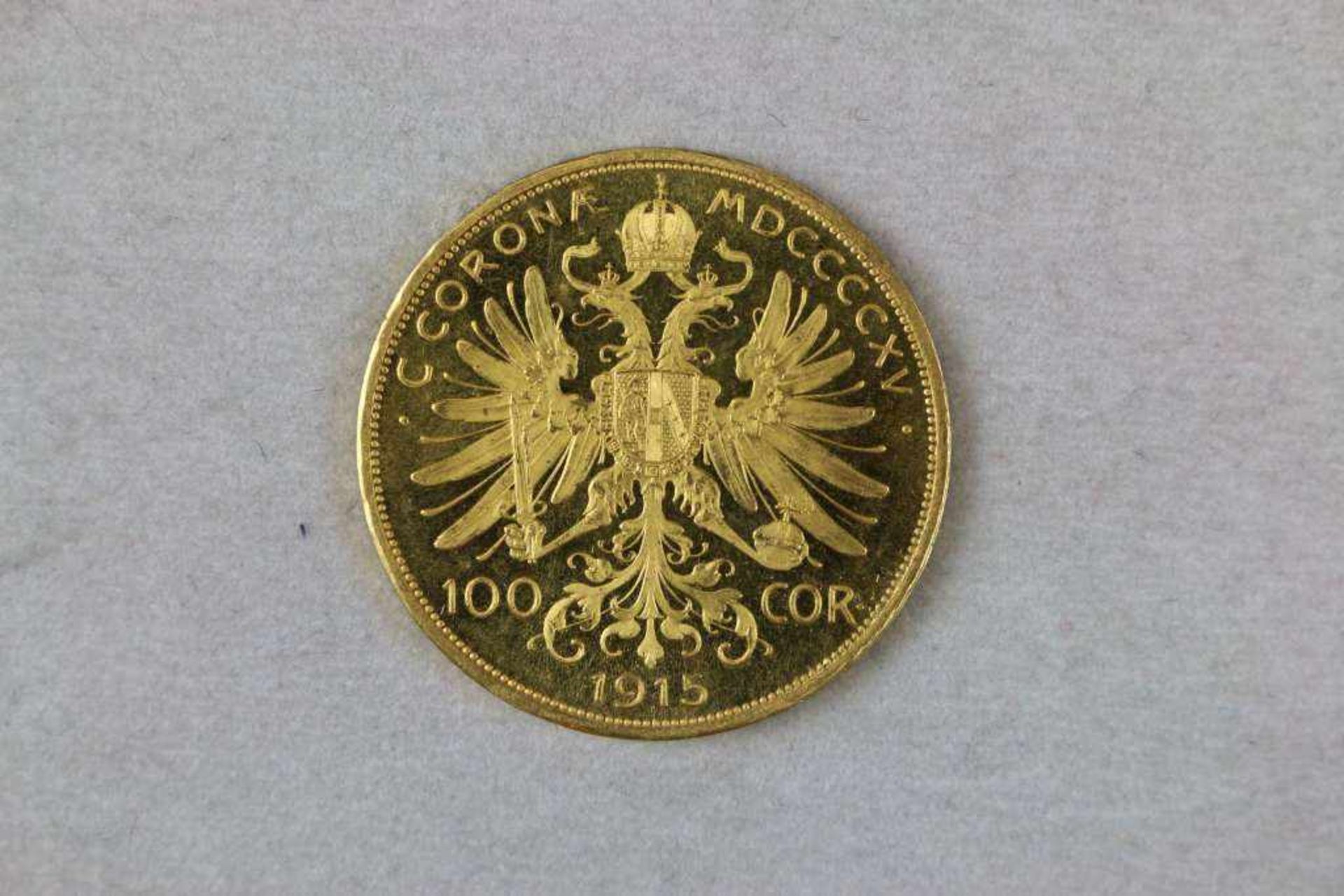 Goldmünze 100 Kronen Österreich Kaiser Franz Joseph 1915, Bruttogewicht: 33,875 g, Feingehalt: 900/ - Bild 2 aus 2