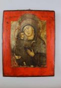 Russische Ikone 19 Jh., Darstellung der Mutter Gottes mit Jesuskind, Eitempura auf rotem Grund,
