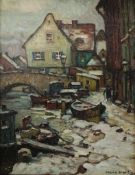 Hans HARTIG (1873-1936), "Winterliche Altstadt-Hafenansicht", Öl auf Malkarton, rechts unten