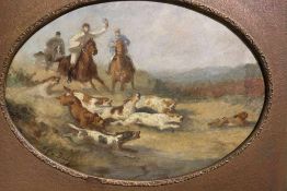 Alfred, Graf VON BRÜHL (1862-1922), 3 Jäger mit Hundemeute bei der Hasenjagd. Öl auf Karton 24 cm