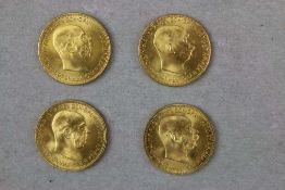 4 Goldmünzen 20 Kronen Österreich Kaiser Franz Joseph 1915, Bruttogewicht: je 6,775 g, Feingehalt: