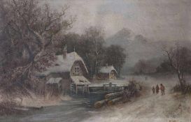 Gemälde, Öl auf Leinwand, winterliche Gebirgslandschaft mit Wassermühle und Personenstaffage.