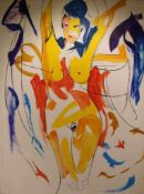 Unbekannt, nach Luciano Castelli, Öl auf Leinwand, abstrakter farbenfroher Frauenakt. Bildmaße: