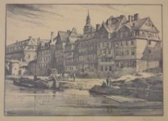 Fritz WUCHERER (1873-1948), Stadtansicht mit Fluß, wahrscheinlich Frankfurt am Main. Lithographie,