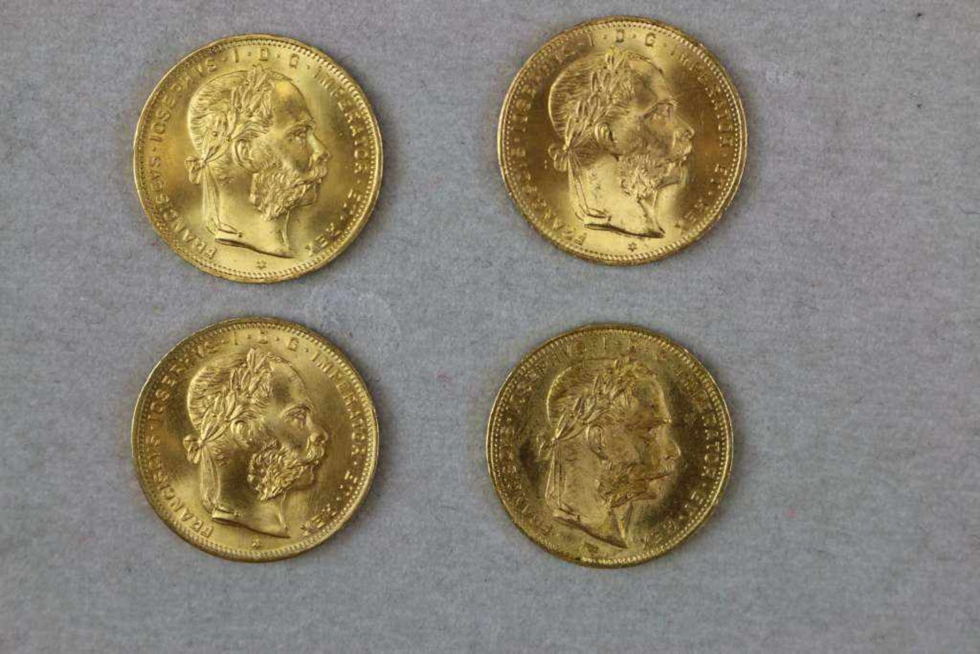 4 Goldmünzen Österreich/Ungarn 8 Florin Franz Josef I. 1892. Bruttogewicht je: 6,451 g,