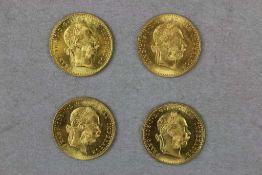 4 Goldmünzen Österreich/Ungarn 1 Dukat Kaiser Franz Joseph 1915, Bruttogewicht je: 3,49 g,