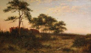 Peter Leslie (*1877), "Englische Landschaftsstimmung bei Sonnenaufgang", Öl auf Leinwand,