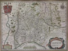 Erpach Comitatus. Kolorierte Kupferstichkarte von Wilh. Blaeu Amsterdam, um 1640. Zeigt die Umgebung