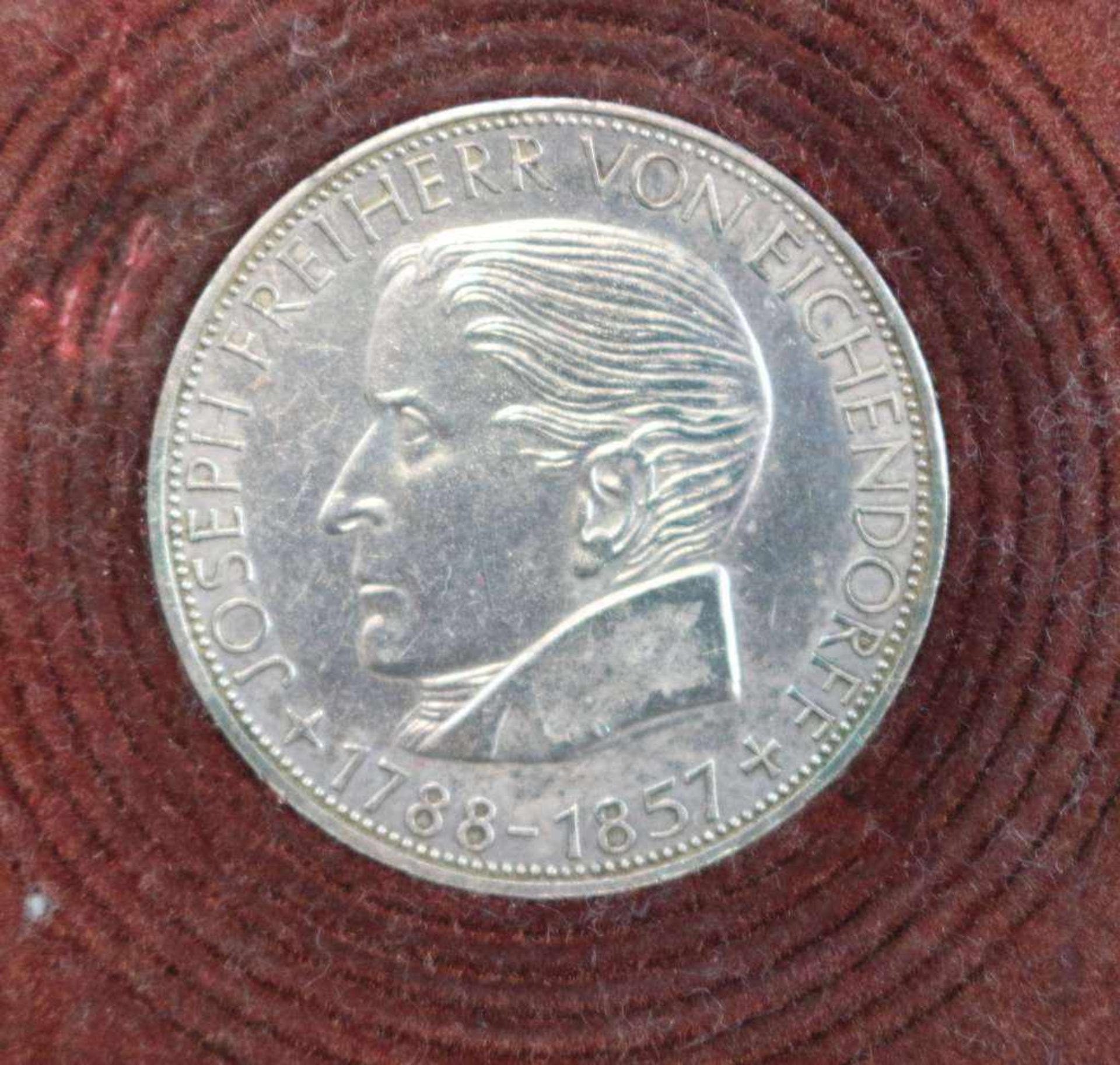 Gedenkmünze 5 Deutsche Mark 1957, zum 100. Todestag von Joseph Freiherr von Eichendorff. Silber (