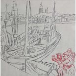 Karl HUBBUCH (1891-1979), Kohlezeichnung mit Farbkreide, Hafenansicht mit Schiffen und Personen.