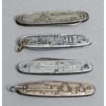 Vier Taschenmesser, um 1900-20, typische Formen aus Metall, beidseitig reliefiert dekoriert mit