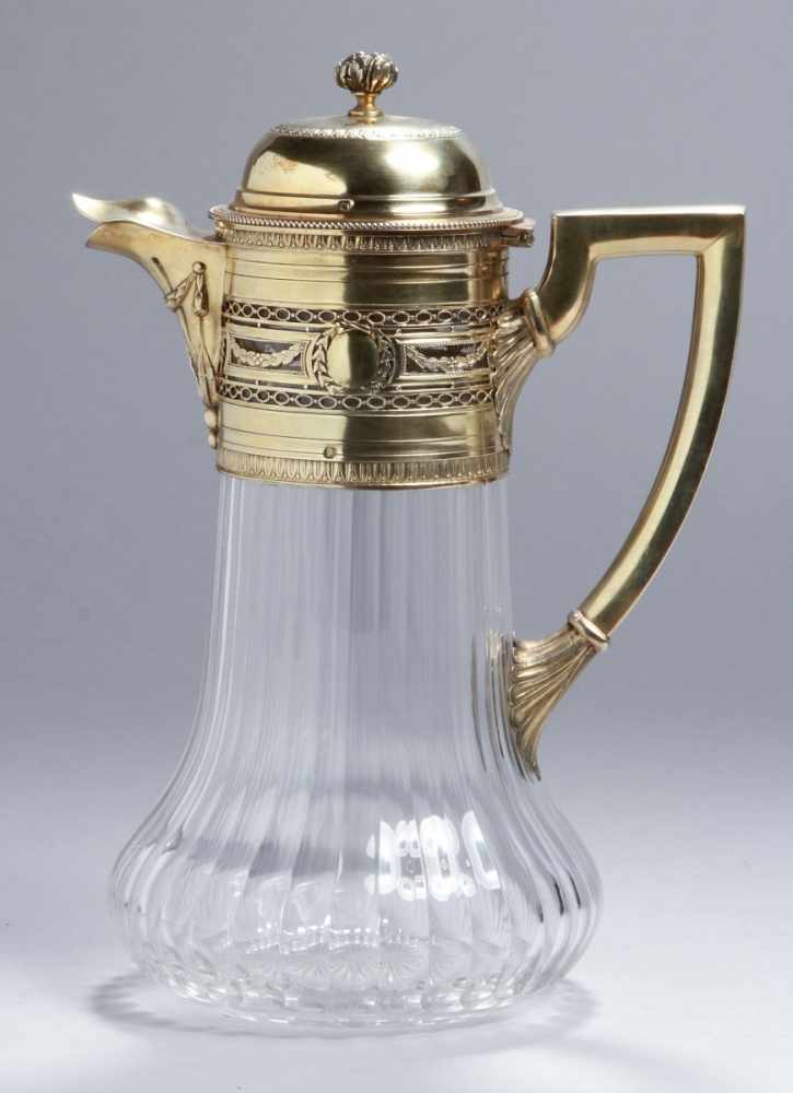 Schenkkanne, Elie Vabre, Paris, um 1890, farbloser Glaskorpus, Silbermontur 950, vergoldet,